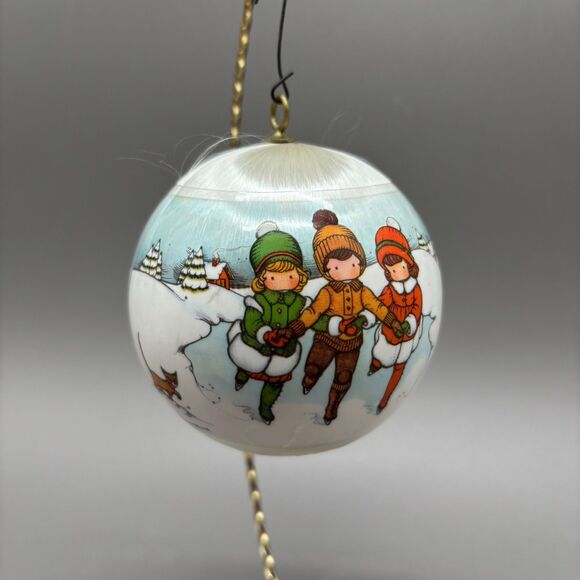 Joan Walsh Anglund Christmas Ornament 1980 Satin Ball Ice Skaters Winter Scene - Picture 2 of 11